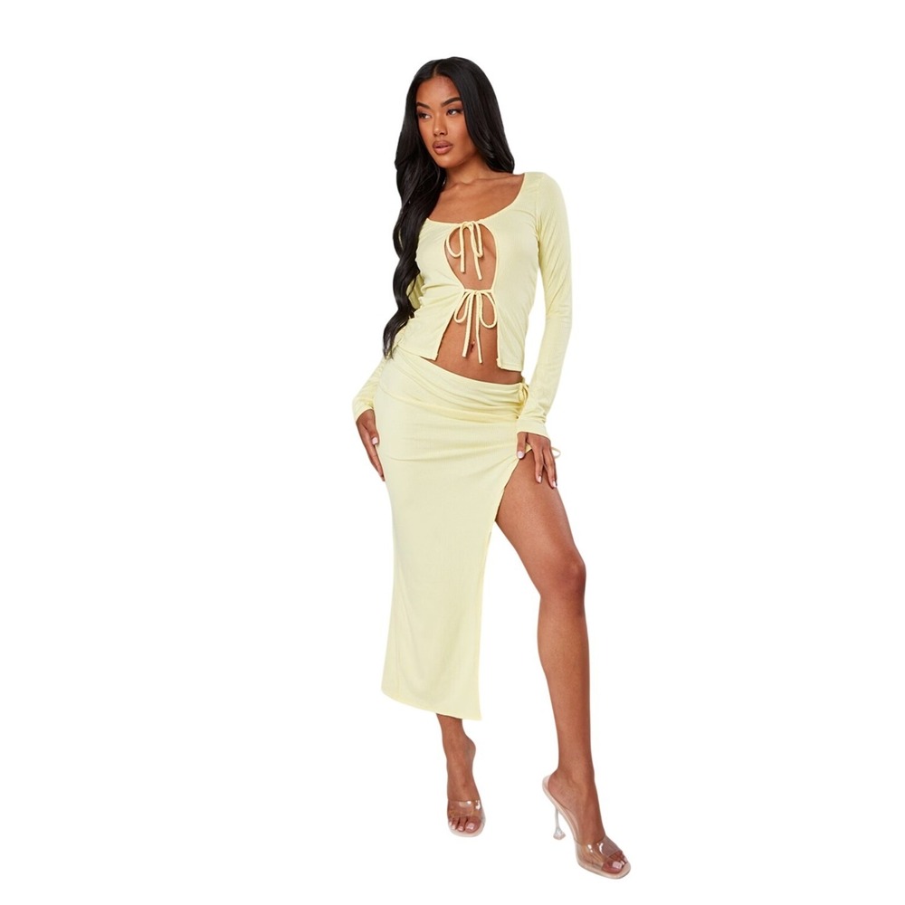 PrettyLittleThing Yellow Ribbed Tie Front Crop Top & High Tie Side Skirt Set NEW